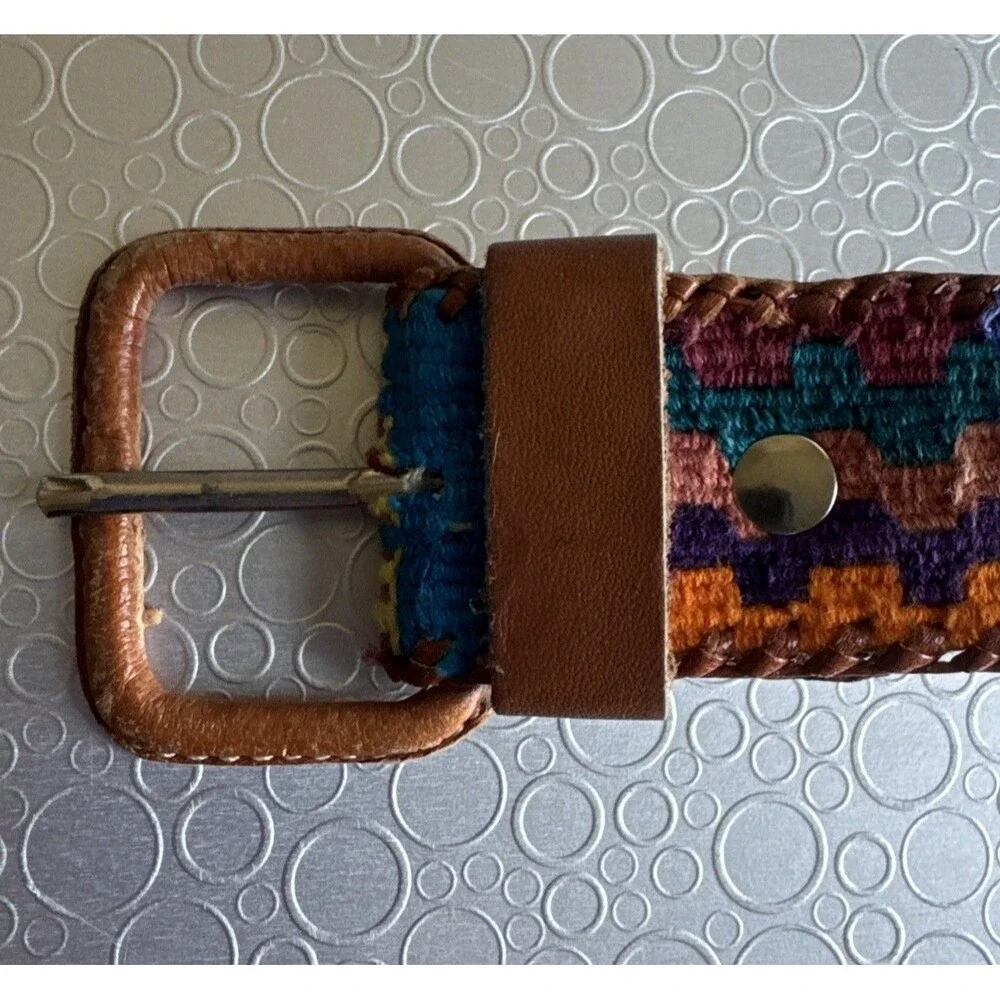 Vintage Handmade Guatemala Woven Belt 32 Cotton Leather Aztec Folk Art Southwest